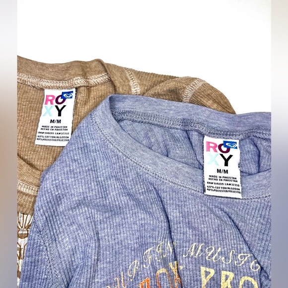 2 Roxy Y2K Thermals - Tan & Grey Long Sleeve Tees w/ Surfer Logo Rare Grail - Picture 2 of 16